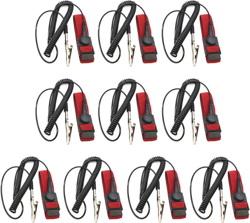 Zoolfix 10 Pack ESD Wrist Strap with Grounding Plug, Adjustable Coiled Cord (Red) - Image 1